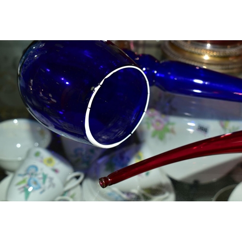 362 - A GROUP OF GLASSWARE comprising of a large Bristol blue glass pipe, length 57cm (cracks along rim) t... 