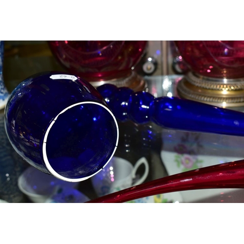 362 - A GROUP OF GLASSWARE comprising of a large Bristol blue glass pipe, length 57cm (cracks along rim) t... 