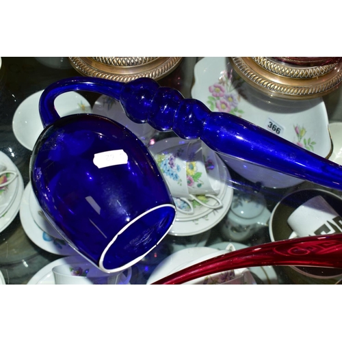 362 - A GROUP OF GLASSWARE comprising of a large Bristol blue glass pipe, length 57cm (cracks along rim) t... 