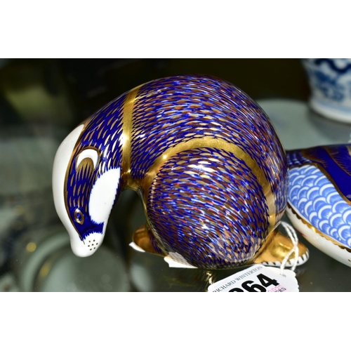 364 - THREE ROYAL CROWN DERBY PAPERWEIGHTS, Badger and Wren having gold stoppers, Duck with no stopper, al... 