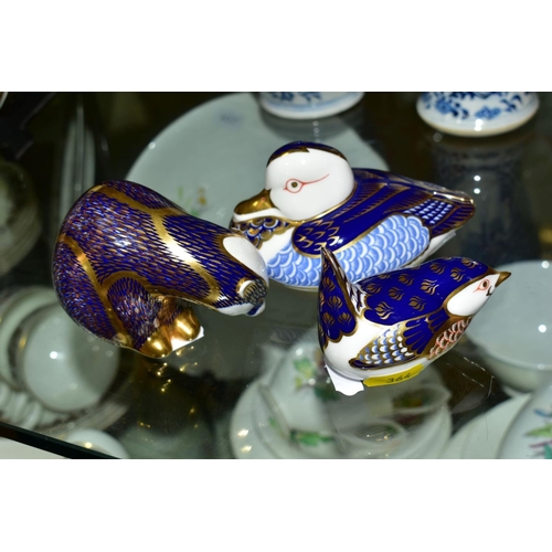 364 - THREE ROYAL CROWN DERBY PAPERWEIGHTS, Badger and Wren having gold stoppers, Duck with no stopper, al... 