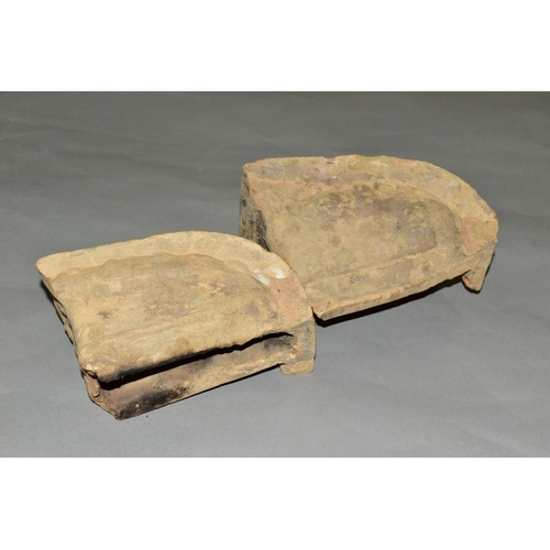 368 - A PAIR OF 18TH CENTURY FAIENCE ROUNDED CORNER FIREPLACE TILES/BRICKS, both painted with landscapes w... 