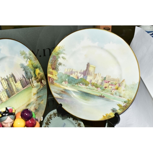 371 - TWO MINTON CABINET PLATES, 'Glamis Castle Angus' and 'Windsor Castle, Berkshire', with Royal Doulton... 