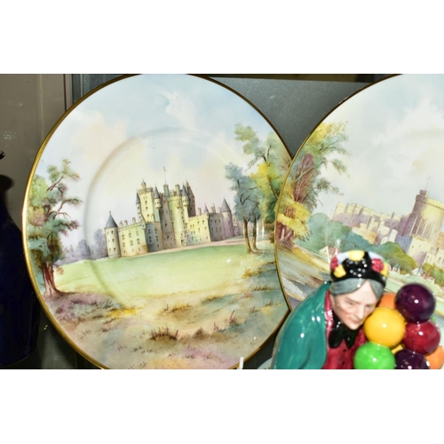 371 - TWO MINTON CABINET PLATES, 'Glamis Castle Angus' and 'Windsor Castle, Berkshire', with Royal Doulton... 