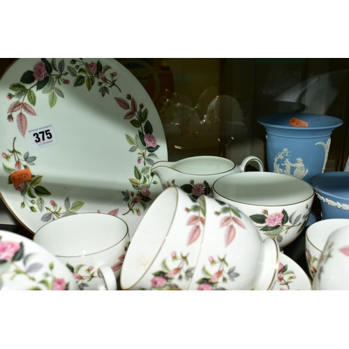 375 - WEDGWOOD 'HATHAWAY ROSE' TEA WARES, comprising of eight tea cups and saucers, seven tea plates, milk... 