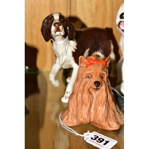 391 - FOUR BESWICK DOGS, 'Yorkshire Terrier' No1944, 'King Charles Spaniel', 'Blenheim' No 2107A, gloss, '... 