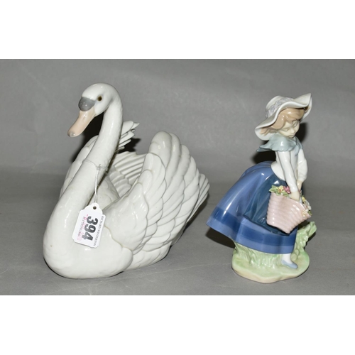 394 - TWO LLADRO FIGURES, a swan with wings spread, No5231, designed by Francisco Catala, height 17.5cm, a... 