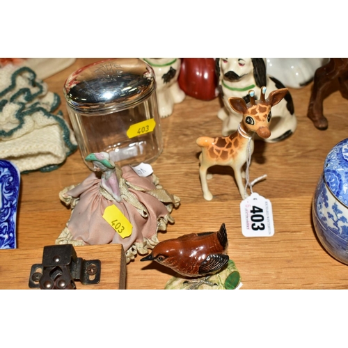 403 - A GROUP OF ORNAMENTAL ITEMS, to include Beswick 'Giraffe' No1597, 'Wren' No993B, and Shire Foal, No9... 