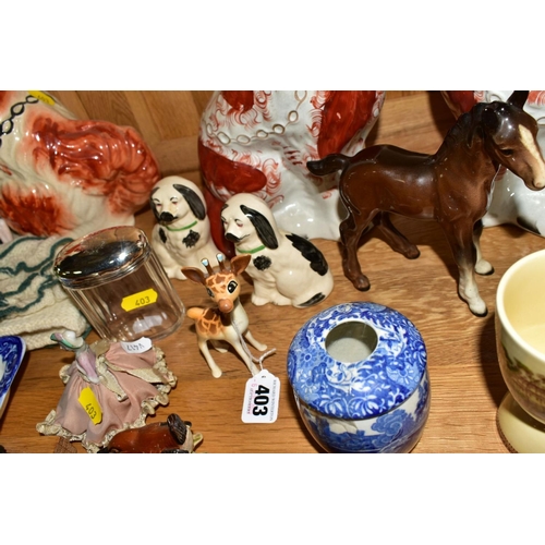 403 - A GROUP OF ORNAMENTAL ITEMS, to include Beswick 'Giraffe' No1597, 'Wren' No993B, and Shire Foal, No9... 