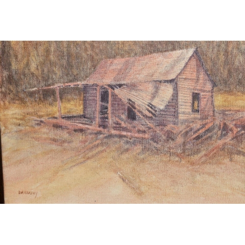 404 - D M RAMSEY (1925-2009) a ramshackle wooden hut before tall undergrowth, signed bottom left, acrylic ... 