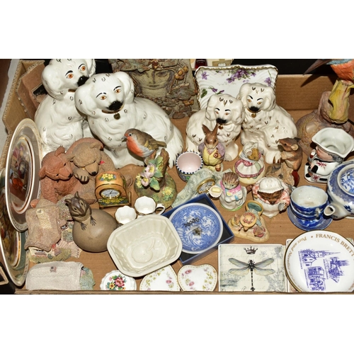 408 - TWO BOXES CERAMICS, ORNAMENTS ETC, to include four Beswick Beatrix Potter figures 'Mrs Tiggy Winkle'... 