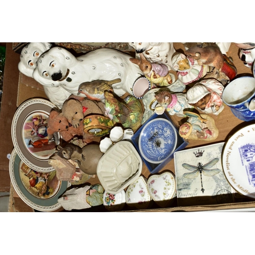 408 - TWO BOXES CERAMICS, ORNAMENTS ETC, to include four Beswick Beatrix Potter figures 'Mrs Tiggy Winkle'... 