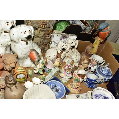 408 - TWO BOXES CERAMICS, ORNAMENTS ETC, to include four Beswick Beatrix Potter figures 'Mrs Tiggy Winkle'... 