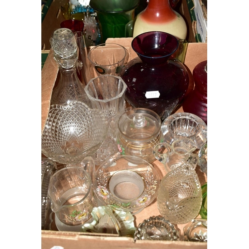 409 - THREE BOXES GLASSWARES, to include carnival glass footed bowl, pair silver rimmed cranberry vases, g... 