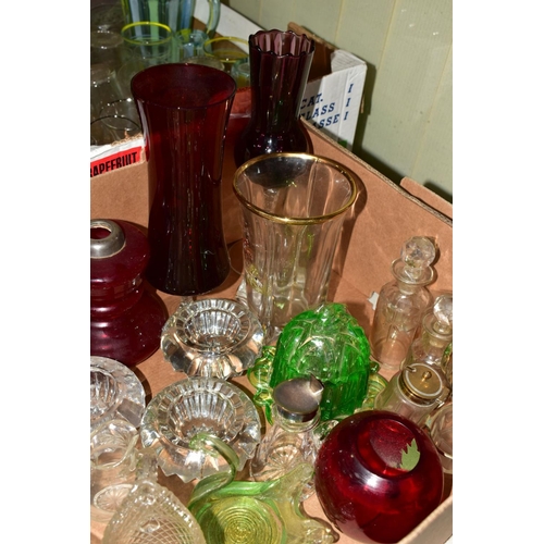 409 - THREE BOXES GLASSWARES, to include carnival glass footed bowl, pair silver rimmed cranberry vases, g... 