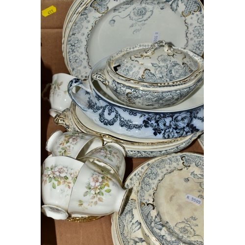 411 - TWO BOXES OF TEA, DINNERWARES, GLASSWARE, BRASSWARE, STAINLESS STEEL, etc, including blue and white ... 