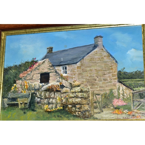 412 - JOHN HAMILTON (1919-1993) A RURAL COTTAGE SCENE, signed and dated (19)89 bottom right, oil on board,... 