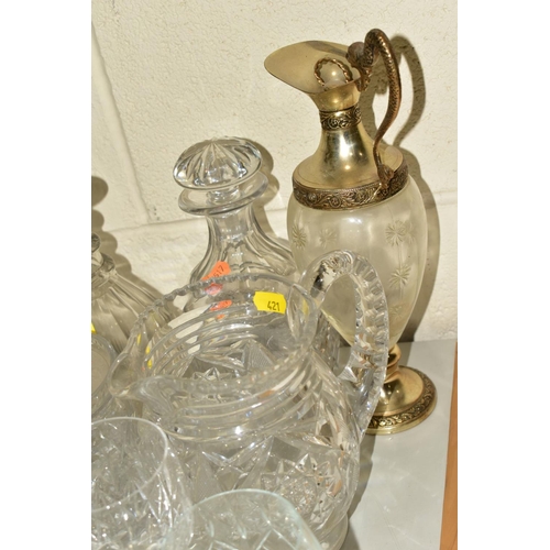 421 - A GROUP OF DRINKING GLASSES, DECANTERS ETC, including Stuart and Edinburgh crystal, an early 19th ce... 