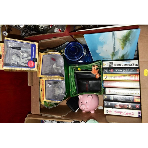 424 - THREE BOXES OF DECORATIVE DISPLAY ITEMS, PRINTS AND PICTURES, boxed artist's set, etc, including fea... 