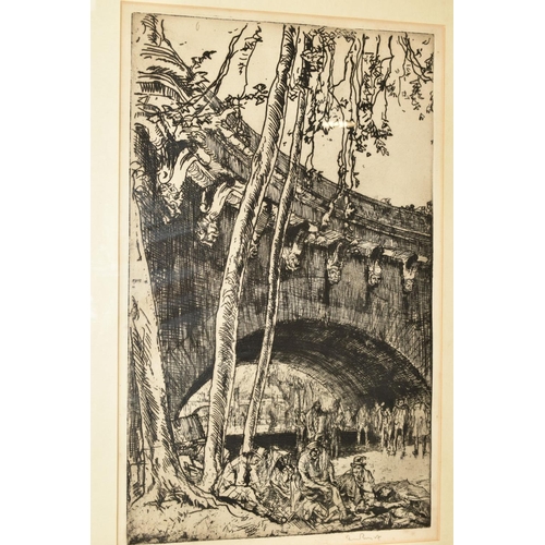 426 - SIR FRANK BRANGWYN R A RWS (1867-1956) 'ARCH OF THE PONT NEUF, PARIS' an etching depicting figures b... 