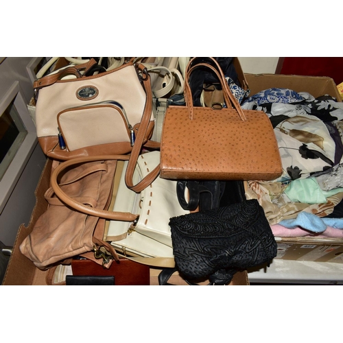 427 - THREE BOXES OF HANDBAGS, SCARVES, GLOVES, etc, including Jasper Conran bag, etc