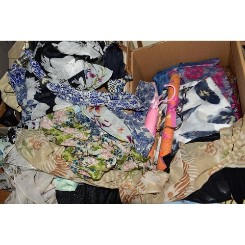 427 - THREE BOXES OF HANDBAGS, SCARVES, GLOVES, etc, including Jasper Conran bag, etc