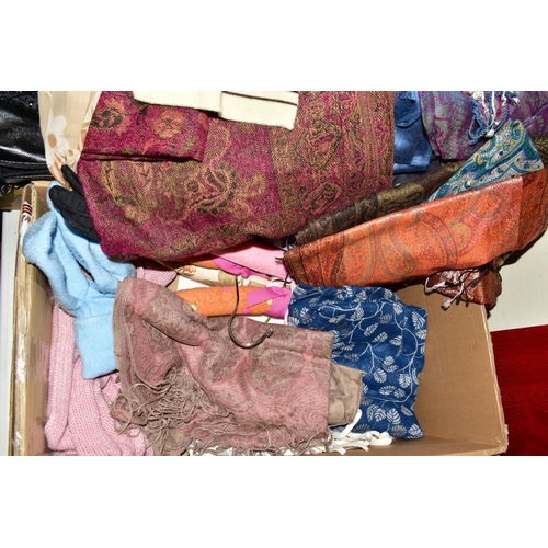 427 - THREE BOXES OF HANDBAGS, SCARVES, GLOVES, etc, including Jasper Conran bag, etc