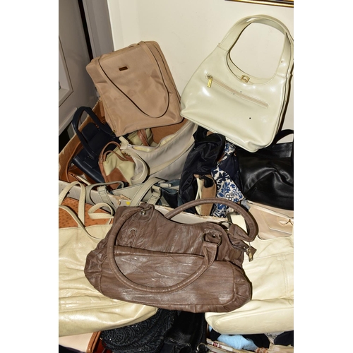 427 - THREE BOXES OF HANDBAGS, SCARVES, GLOVES, etc, including Jasper Conran bag, etc