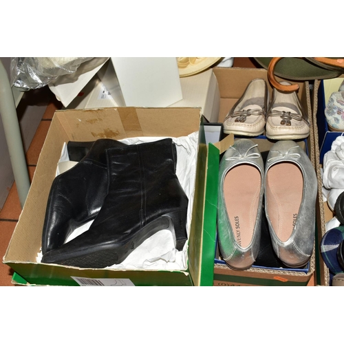 428 - THREE BOXES OF BOXED AND LOOSE LADIES SHOES, sizes 5 1/2 and 6, makes include Hotter, Clarks, Bally ... 