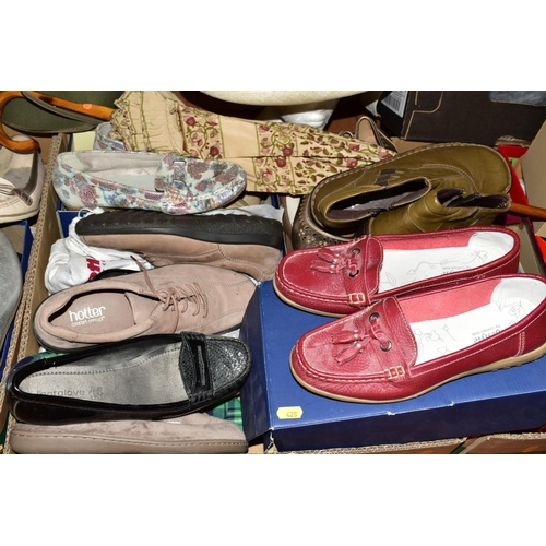 428 - THREE BOXES OF BOXED AND LOOSE LADIES SHOES, sizes 5 1/2 and 6, makes include Hotter, Clarks, Bally ... 