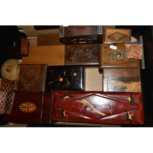 429 - TWO BOXES OF TREEN, including biscuit barrels, barometer, a lazy Susan, barbola mirror, trinket boxe... 