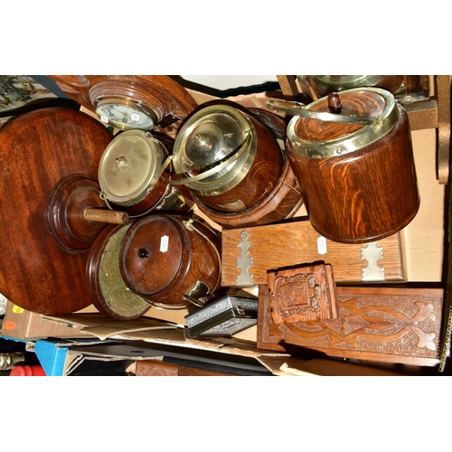 429 - TWO BOXES OF TREEN, including biscuit barrels, barometer, a lazy Susan, barbola mirror, trinket boxe... 