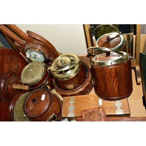 429 - TWO BOXES OF TREEN, including biscuit barrels, barometer, a lazy Susan, barbola mirror, trinket boxe... 