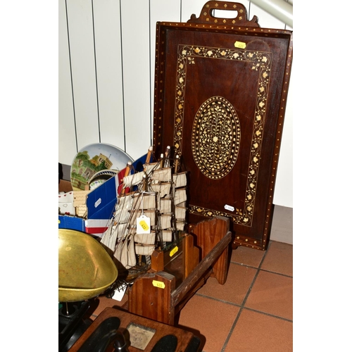 433 - TWO BOXES OF CERAMICS, LOOSE TREEN, etc, including an inlaid tray, a set of vintage scales and weigh... 