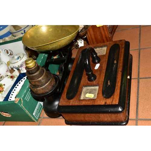 433 - TWO BOXES OF CERAMICS, LOOSE TREEN, etc, including an inlaid tray, a set of vintage scales and weigh... 