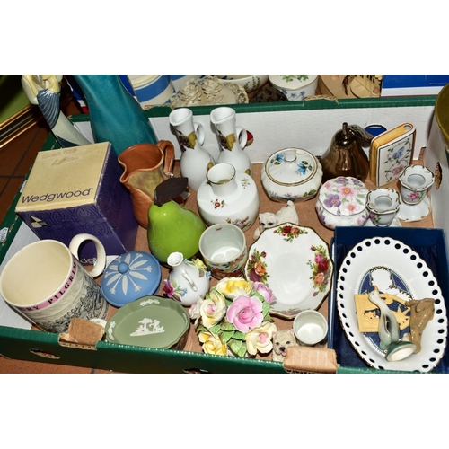 433 - TWO BOXES OF CERAMICS, LOOSE TREEN, etc, including an inlaid tray, a set of vintage scales and weigh... 