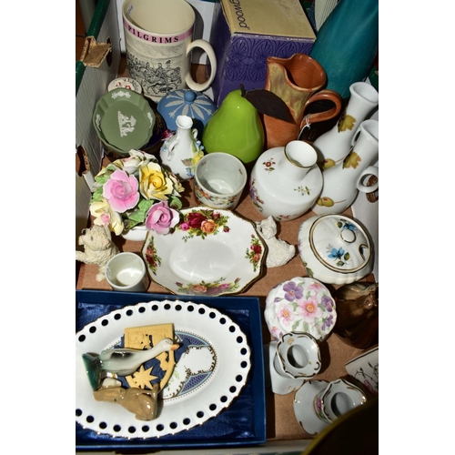 433 - TWO BOXES OF CERAMICS, LOOSE TREEN, etc, including an inlaid tray, a set of vintage scales and weigh... 