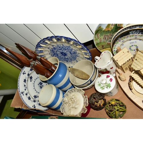 433 - TWO BOXES OF CERAMICS, LOOSE TREEN, etc, including an inlaid tray, a set of vintage scales and weigh... 