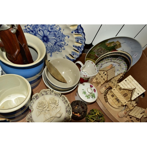 433 - TWO BOXES OF CERAMICS, LOOSE TREEN, etc, including an inlaid tray, a set of vintage scales and weigh... 