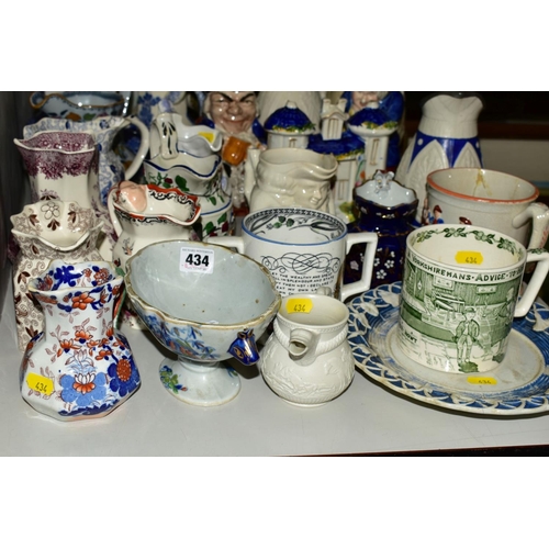 434 - A COLLECTION OF 19TH AND 20TH CENTURY CERAMICS, including Masons jugs, plate and twin handled compor... 