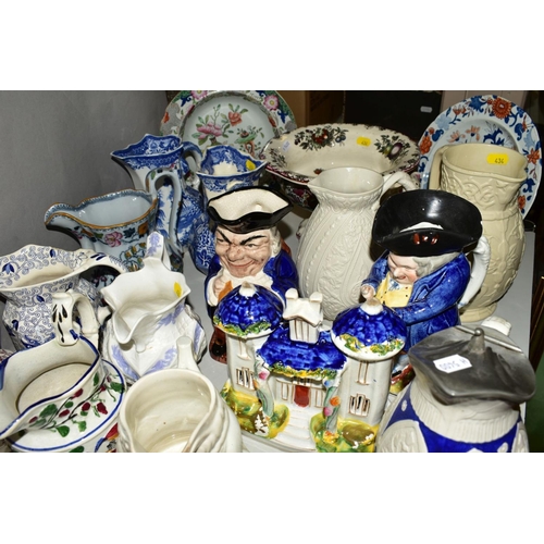 434 - A COLLECTION OF 19TH AND 20TH CENTURY CERAMICS, including Masons jugs, plate and twin handled compor... 