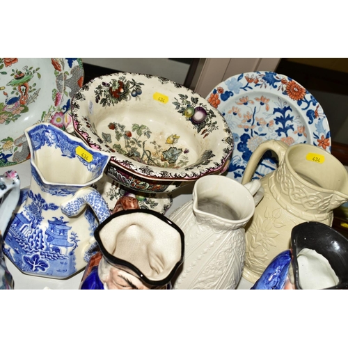 434 - A COLLECTION OF 19TH AND 20TH CENTURY CERAMICS, including Masons jugs, plate and twin handled compor... 