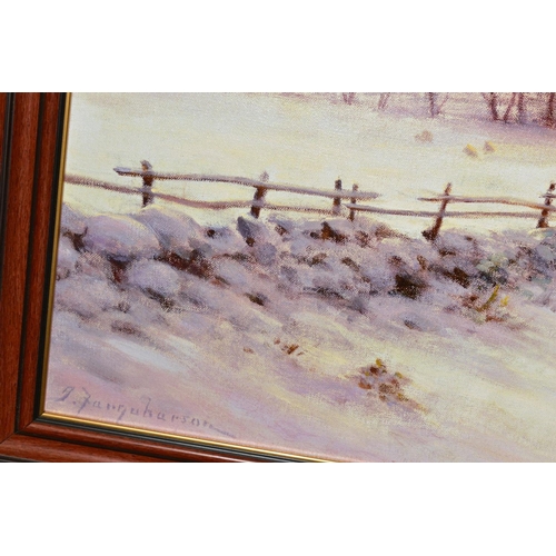 435 - JOSEPH FARQUARSON (1846-1935) a modern print on canvas of sheep in a snowy landscape, framed image a... 