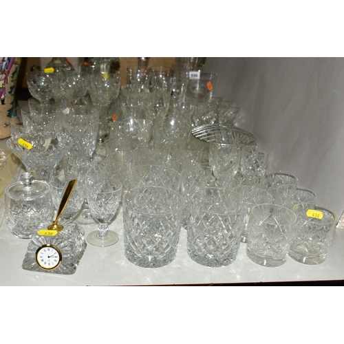 436 - A COLLECTION OF DRINKING GLASSES, VASES, DECANTERS, etc, including tumblers, hock glasses, liqueur g... 