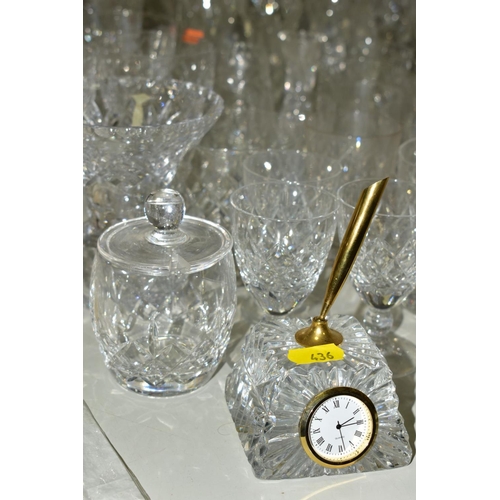 436 - A COLLECTION OF DRINKING GLASSES, VASES, DECANTERS, etc, including tumblers, hock glasses, liqueur g... 