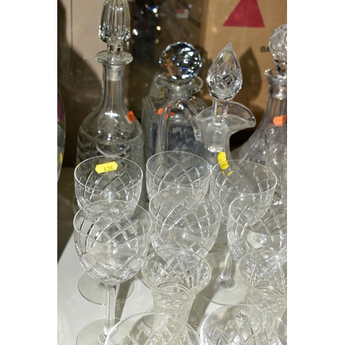 436 - A COLLECTION OF DRINKING GLASSES, VASES, DECANTERS, etc, including tumblers, hock glasses, liqueur g... 