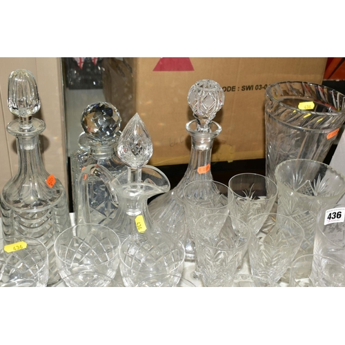 436 - A COLLECTION OF DRINKING GLASSES, VASES, DECANTERS, etc, including tumblers, hock glasses, liqueur g... 