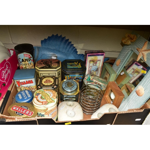 442 - FOUR BOXES OF TINS, CERAMICS, GLASSWARE, MODERN WOODEN BATHROOM ORNAMENTS WOODEN BREAD BIN AND LID, ... 