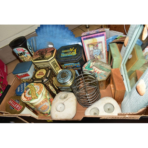 442 - FOUR BOXES OF TINS, CERAMICS, GLASSWARE, MODERN WOODEN BATHROOM ORNAMENTS WOODEN BREAD BIN AND LID, ... 