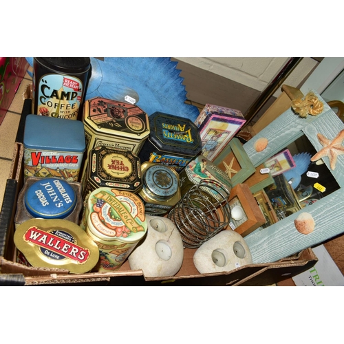 442 - FOUR BOXES OF TINS, CERAMICS, GLASSWARE, MODERN WOODEN BATHROOM ORNAMENTS WOODEN BREAD BIN AND LID, ... 